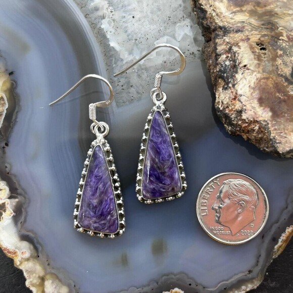 Sterling Silver Southwestern Style Triangle Charoite Dangle Earrings For Women - Picture 8 of 10